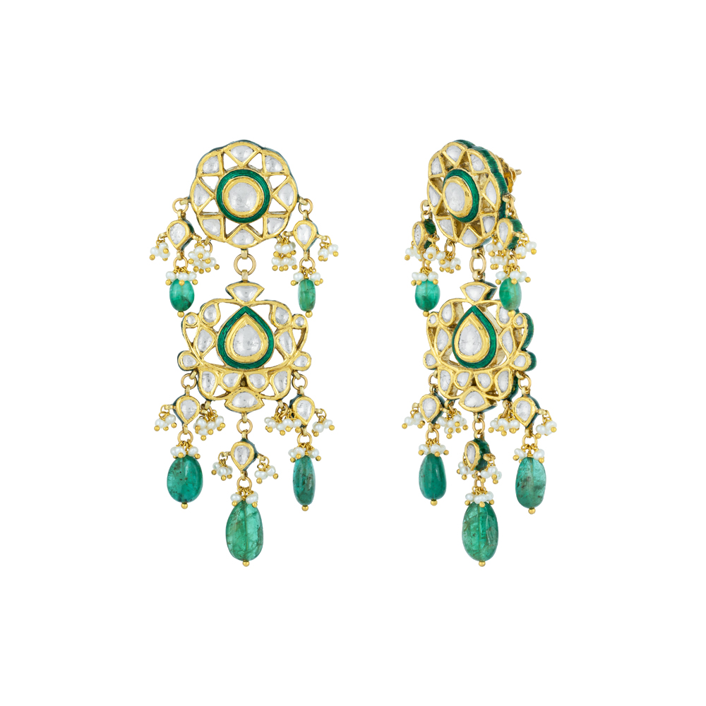 Polki Earrings with Green Enamel, Emeralds & Pearl Bunches